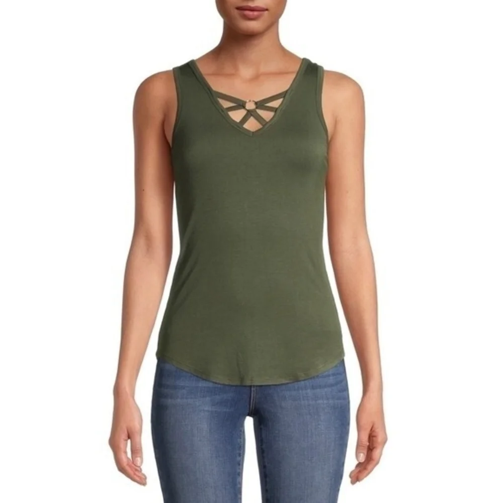 NO BOUNDARIES Womens Tank Top XXXL Green V Neck Ring Accent Rayon Stretch NWT - Picture 3 of 9